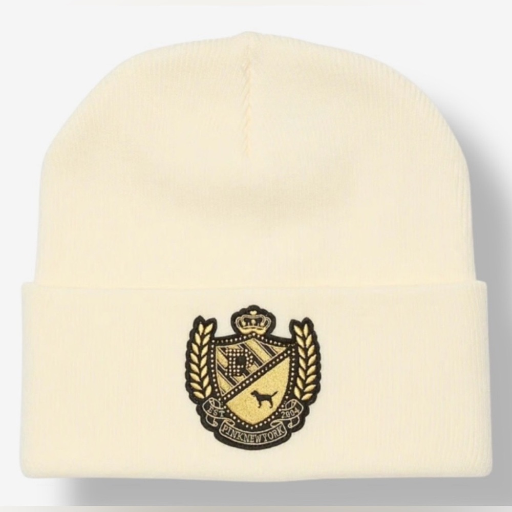 PINK Victoria's Secret Cream Beanie with Gold / Black Emblem NWT